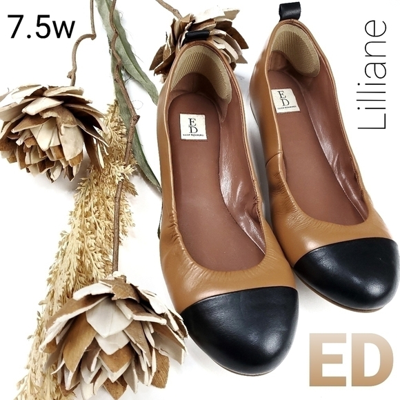 🔴  ED LOVE Lilliane2 Camel Black Cap Toe Flat 7.5w - Picture 1 of 13